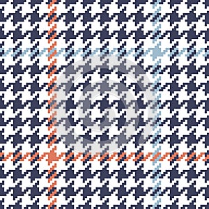 Tweed check plaid pattern in blue, orange, white. Seamless pixel dog tooth tartan illustration for jacket, coat, skirt, dress.