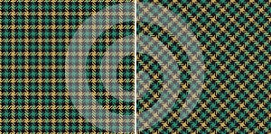 Tweed check plaid pattern in green and gold. Seamless herringbone textured small checks vector illustration for dress, jacket.