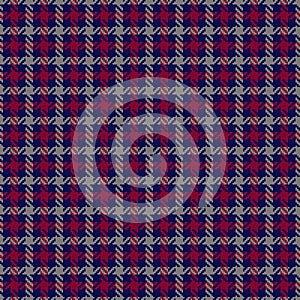 Tweed check plaid pattern in navy blue, red, grey. Dark small checks tartan background graphic vector for dress, coat, jacket.