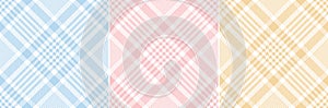 Tweed check plaid pattern in pastel colorful blue, pink, yellow, white. Seamless diagonal glen set for Easter holiday tablecloth.