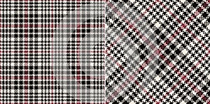 Tweed check plaid pattern print for autumn winter spring in black, red pink, off white. Seamless abstract tartan glen texture set.