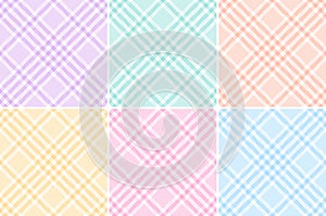 Tweed check plaid pattern set in pastel colorful lilac, blue, green, pink, orange, yellow, white. Seamless diagonal glen tartan.