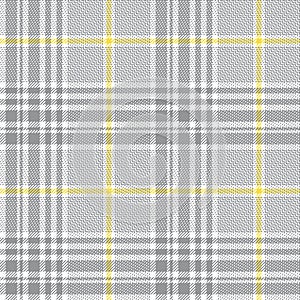 Tweed plaid pattern in grey, yellow, white. Seamless hounds tooth check plaid texture for trousers, coat, skirt, jacket, blanket.