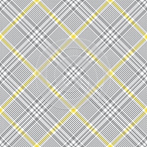 Tweed plaid pattern in grey, yellow, white. Seamless hounds tooth vector plaid background texture for jacket, skirt, trousers.