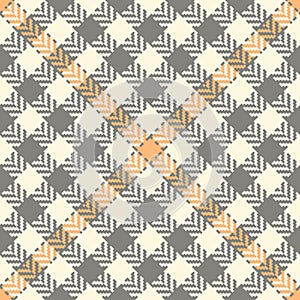Tweed plaid pattern herringbone in grey, orange, off white. Seamless abstract stitched check plaid graphic background texture.