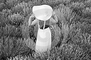 tween girl in white dress walking through lavender flowers. lovely girl posing in lavender flowers. beautiful girl in