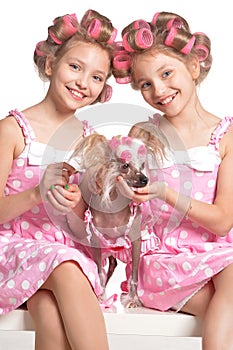 Tweenie girls in hair curlers with dog