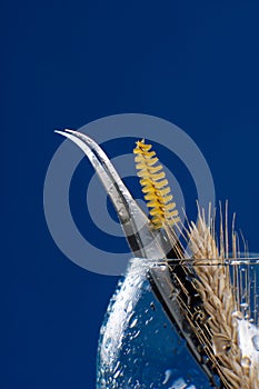 Tweezers and disposable brush using for eyelash extension left in wet wineglass with branch of wheat against wall.