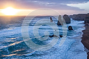 Twelve Apostles along the Great Ocean Road in the sunset lights