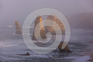 The Twelve Apostles along the Great Ocean Road, Victoria, Australia. Photographed at sunrise. Dawn fog