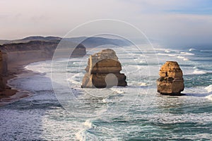 The Twelve Apostles along the Great Ocean Road, Victoria, Australia. Photographed at sunrise. Dawn fog