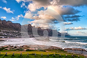 Majestic Camps Bay Beach and Twelve Apostles Mountain Range at Cape Town, South Africa photo