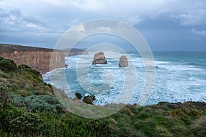 Twelve Apostles rock formation during a windy, winter time evening, Victoria, Australia