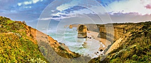 The Twelve Apostles rock formations along the Great Ocean Road, panoramic aerial view - Victoria, Australia