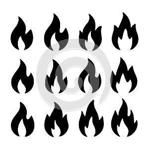 Twelve black flame icons arranged in three rows of four on a white background fire symbol