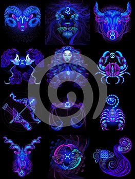 Twelve blue neon horoscope signs. Vector illustration on a black background