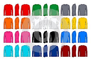 Twelve color long sleeve t-shirt design template, front and back view