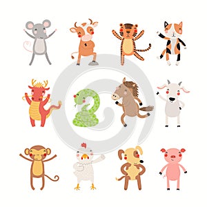 Twelve cute cartoon animals of Vietnamese zodiac