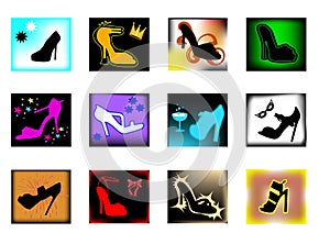 Twelve different woman shoes layer with background