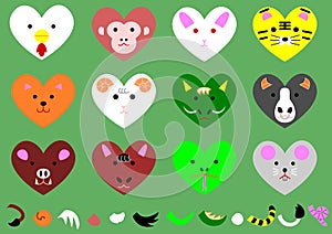 Twelve heart-shaped animals of the zodiacal signs