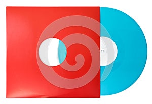 Twelve inch color vinyl blue record in red sleeve