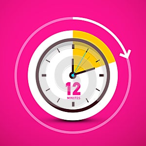 Twelve Minutes Analog Circle Clock on Pink Background. Time Icon. Vector