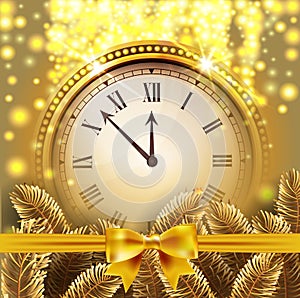 Twelve o`Clock on New Year`s Eve in colored gold glittered background with gold bow and fir tree branche.