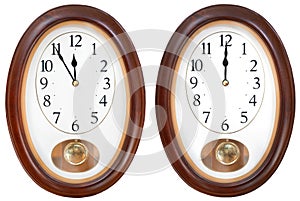 Twelve o clock on oval dial clock