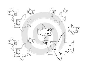 Twelve sharks, colouring book page uncolored