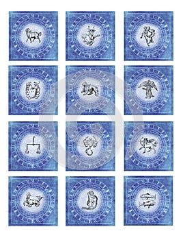 Twelve zodiac signs with horoscope over blue background