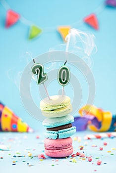 Twentieth 20th Birthday Card with Candle Blown Out in Colorful Macaroons and Sprinkles. Card Mockup