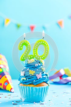 Twentieth 20th birthday cupcake with candle. Card mockup.