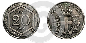 Twenty 20 cents Lire Silver Coin 1919 Exagon Crown Savoy Shield Vittorio Emanuele III Kingdom of Italy photo