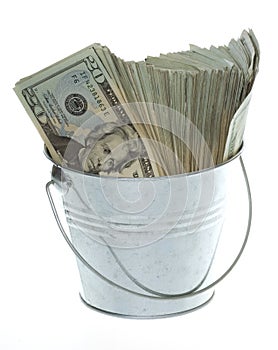 Twenty Dollar Bills in Silver Bucket