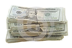 Twenty Dollar Bills Stacked and Banded Together