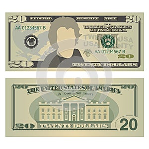 Twenty dollars bill. 20 US dollars banknote, from front and back side. Vector illustration on white background