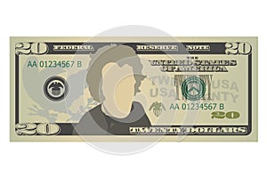 Twenty dollars bill. 20 US dollars banknote, front view. Vector illustration on white background