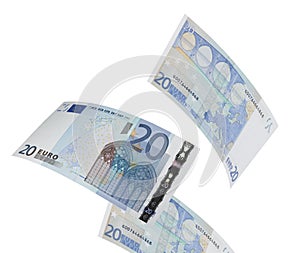 Twenty euro bills collage isolated on white