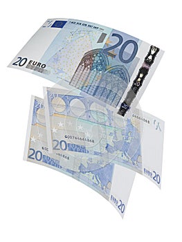Twenty euro bills collage isolated on white