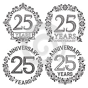 Twenty fifth anniversary emblems set. Patterned celebration signs in vintage style