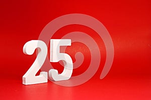 Twenty Five  25  white number wooden Isolated Red Background with Copy Space - New promotion 25% Percentage  Business finance Co