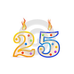 Twenty five years anniversary, 25 number shaped birthday candle with fire on white