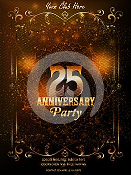 Twenty five years birthday celebration logotype. 25th anniversary logo with light, lace pattern, golden floral frame