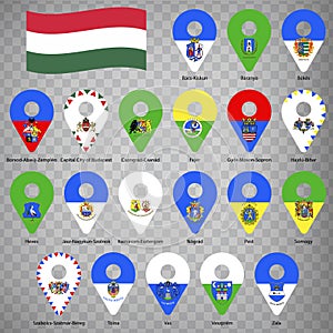 Twenty flags the Regions of  Hungary - alphabetical order with name.  Set of 2d geolocation signs like flags Regions of Hungary.