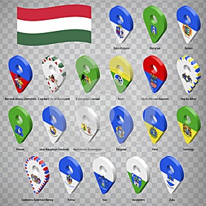 Twenty flags the Regions of  Hungary - alphabetical order with name.  Set of 3d geolocation signs like flags Regions of Hungary.