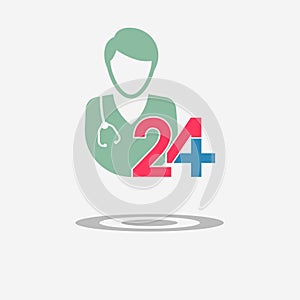 Twenty four available medical help icon. Doctor, man.