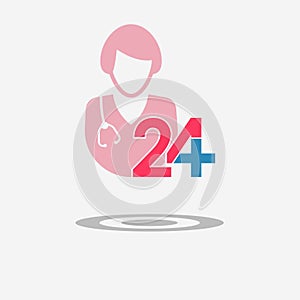 Twenty four available medical help icon. Doctor, woman.