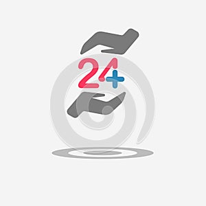 Twenty four available medical help icon. Hands of care