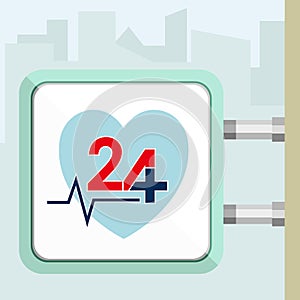 Twenty four available medical help icon. Heart shape. Signboard concept.