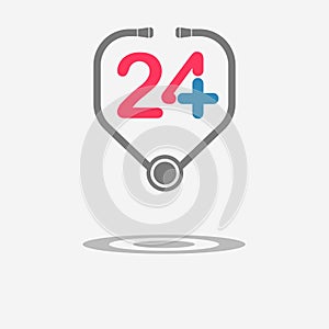 Twenty four available medical help icon. Stethoscope.